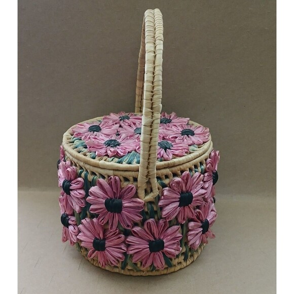 Country Farmhouse Floral Wicker Basket 11" Attached Pink Flowers Beachy Boho - Picture 5 of 11